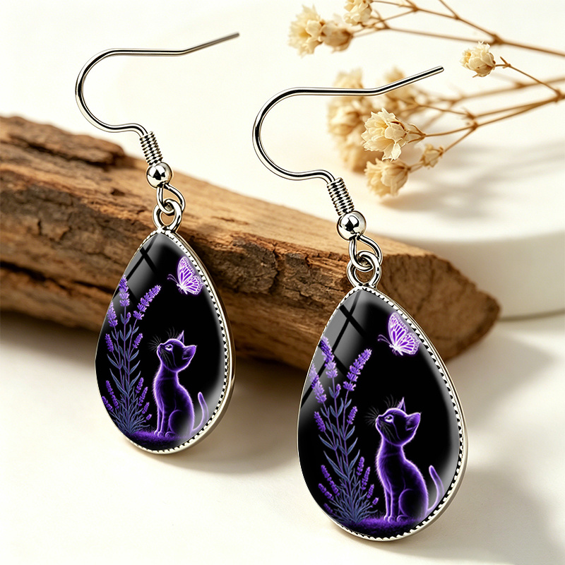 Christmas Tree Silhouette Witch Tear Drop Glass Cabochon Earrings